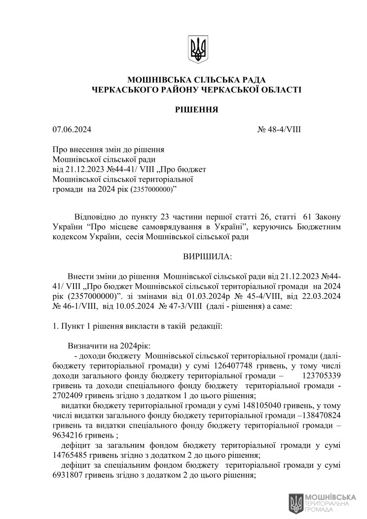 Рішення 48 чергової сесії Мошнівської сільської ради VIII скликання від 07.06.2024 Рішення 48 чергової сесії Мошнівської сільської ради VIII скликання від 07.06.2024