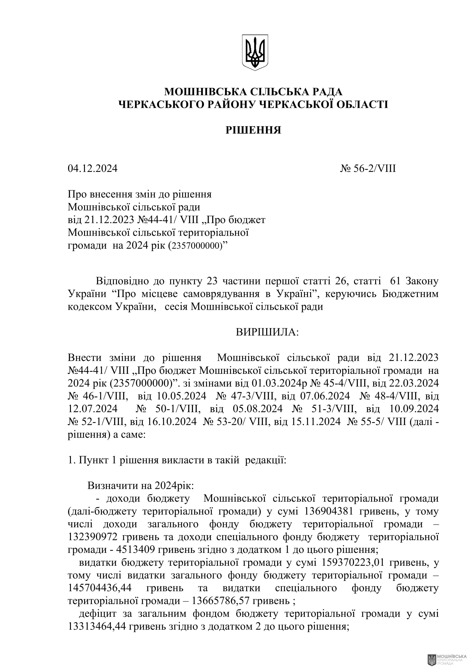 Рішення 56 позачергової сесії Мошнівської сільської ради VIII скликання від 04.12.2024 Рішення 56 позачергової сесії Мошнівської сільської ради VIII скликання від 04.12.2024