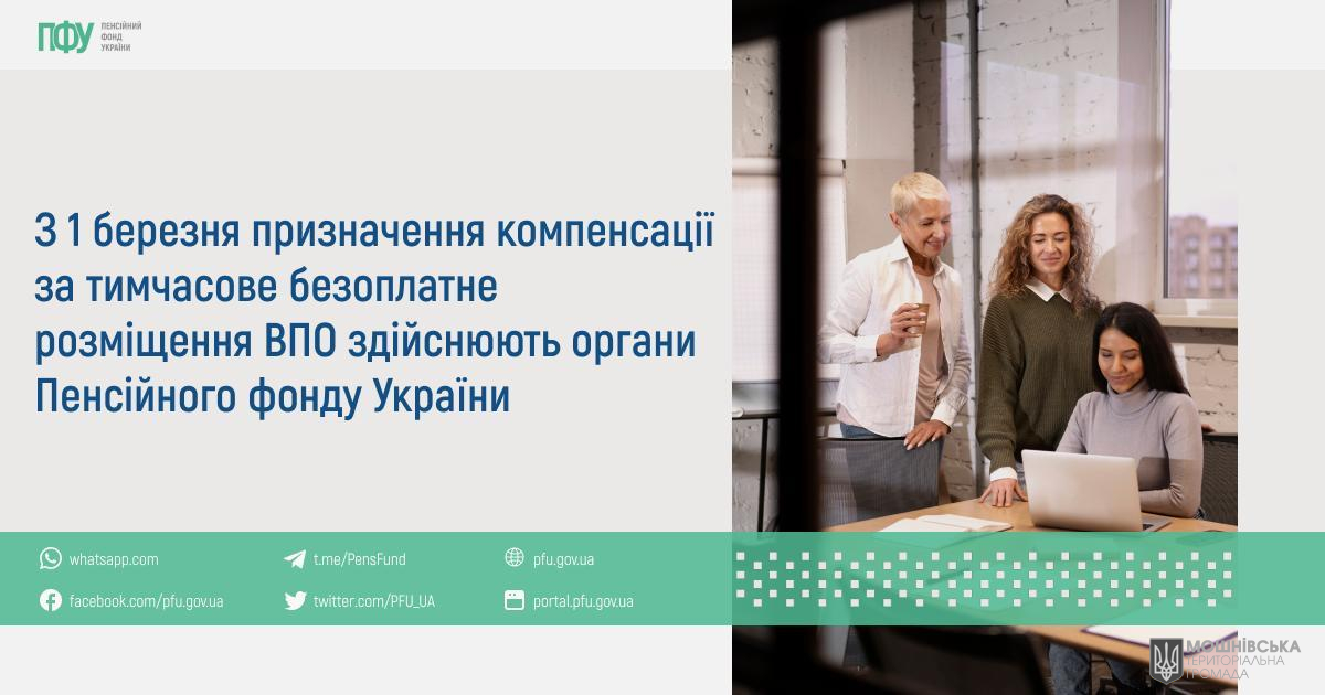 З 1 березня призначення компенсації за тимчасове безоплатне розміщення ВПО здійснюють органи Пенсійного фонду України З 1 березня призначення компенсації за тимчасове безоплатне розміщення ВПО здійснюють органи Пенсійного фонду України