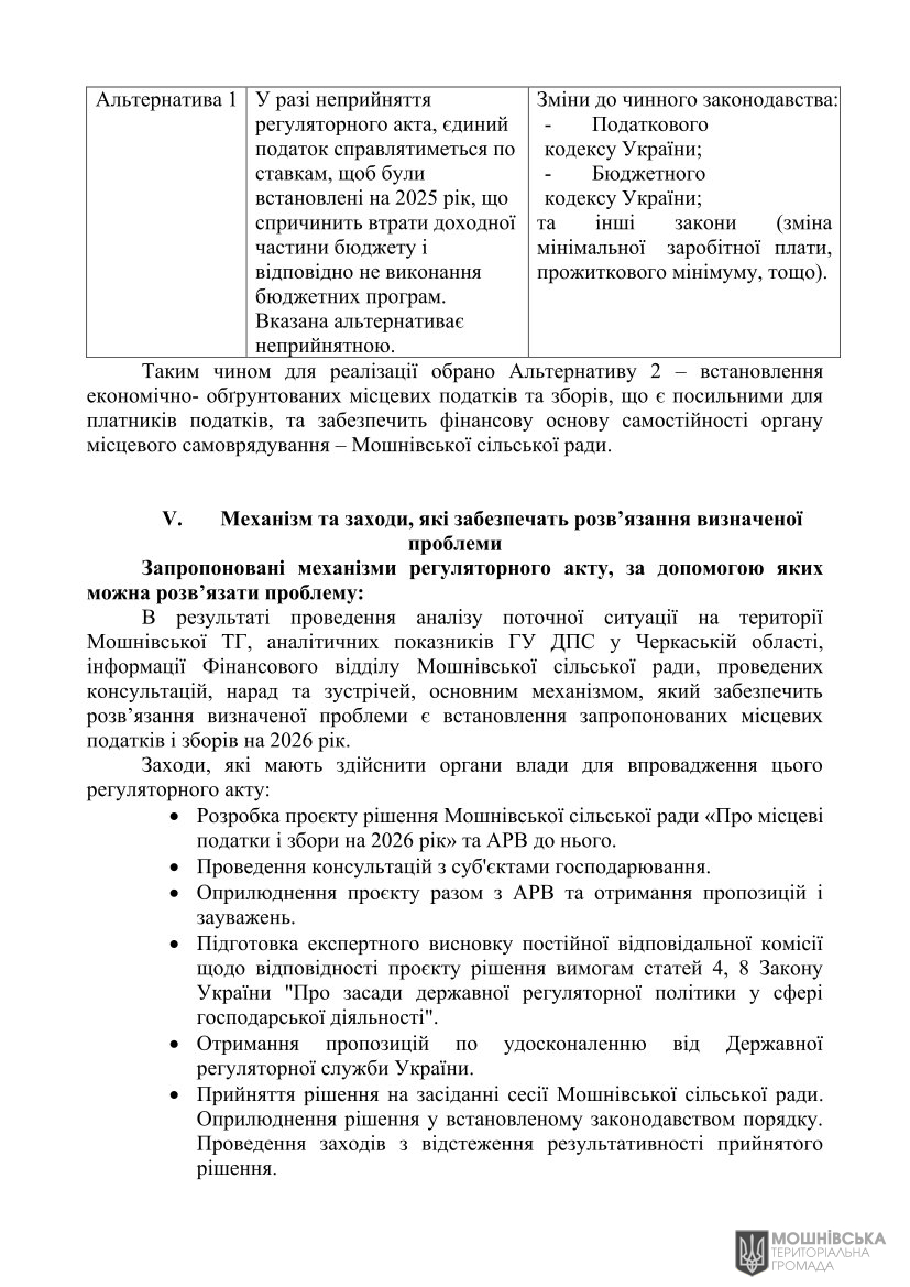 Аналіз регуляторного впливу проєкту рішення Мошнівської сільської ради «Про місцеві податки і збори на 2026 рік» Аналіз регуляторного впливу проєкту рішення Мошнівської сільської ради «Про місцеві податки і збори на 2026 рік»
