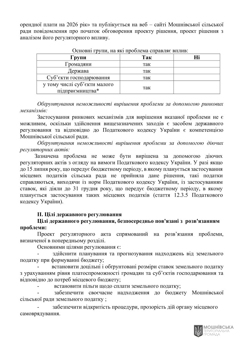 Аналіз регуляторного впливу проєкту рішення Мошнівської сільської ради «Про встановлення ставок та пільг із сплати земельного податку та орендної плати на 2026 рік« Аналіз регуляторного впливу проєкту рішення Мошнівської сільської ради «Про встановлення ставок та пільг із сплати земельного податку та орендної плати на 2026 рік«